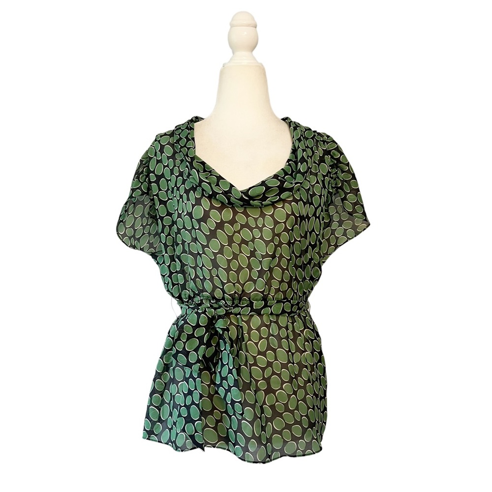 Anthropologie Odille 100% Silk Tie Waist Blouse Abstract Dot Print Green Size 4